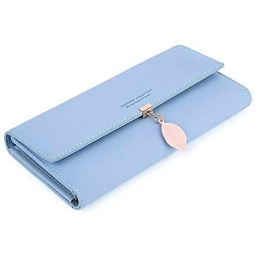 PrettyNuo Carteira de couro para mulher, grande, grande capacidade, carteira elegante para mulher, carteira longa, carteira de pele com compartimento para telemóvel, Azul claro.