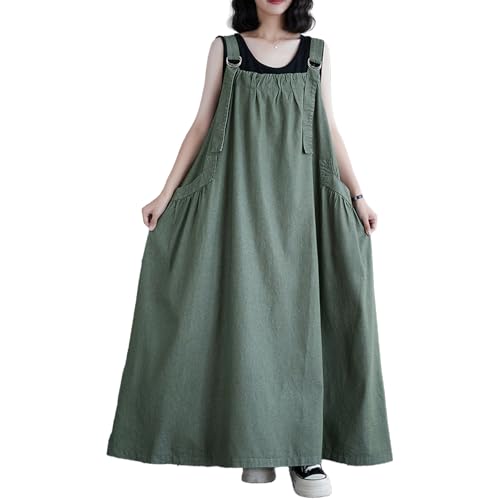 Image of Boho Jumper Dress for Women Loose Version Baggy Style Maxi Length Adjustable Straps Wide Hemline Overall Dresses