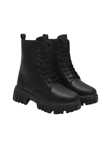 Image of Shoetopia Women's Combat Boots - Chunky Platform Lace-Up || Ankle Boots with Lug Sole Leather Fashion Boots for Fall & Winter
