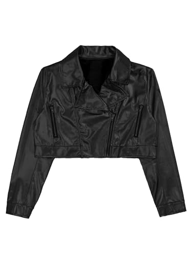 Kids Girls Metallic Motor Biker Coat Long Sleeve Spring Motorcycle Jacket PU Zipper Outwear Crop Top