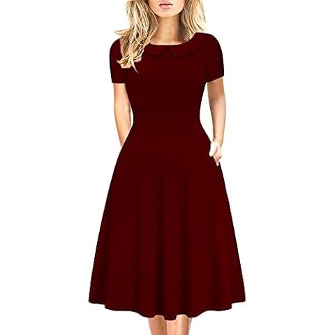 Work Dresses for Womens Office Elegant Vintage Cotton Casual Floral Print Party A-Line Swing Peter Pan Collar Dress with Pockets 978 (L, Burgundy), Burgundy-978, Large Cover