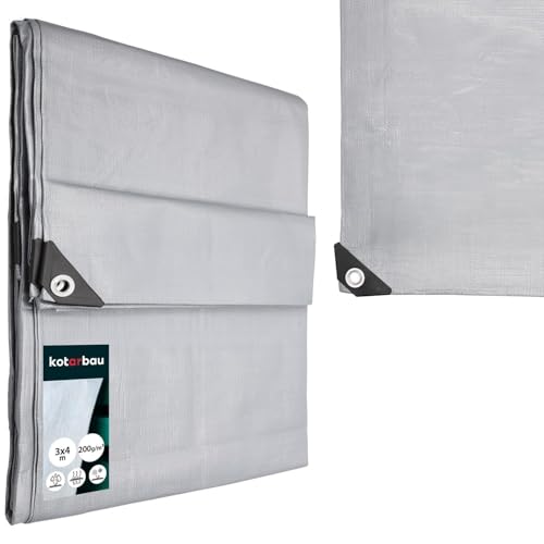 KOTARBAU® Lona Impermeable Exterior - Polietileno - 3x4 m - Plata - 200 g/m2 - Lona Suelo Piscina - Cubierta Reforzada con Ojales - Cubierta de Protección para Jardín - Resistente - Universal