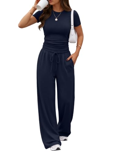 Image of Trendy Queen 2 Piece Matching Summer Lounge Set Womens Side Ruching Top Wide Leg Pants Sets with Pockets