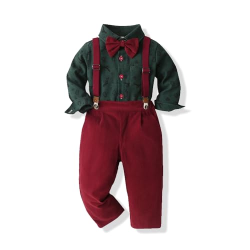 Baby Boy Christmas Outfit Toddlers Xmas 4PCS Bow-tie Shirt and Suspender Pants Gentleman Set