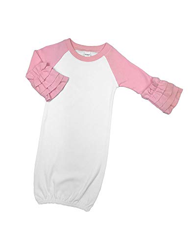Monag Raglan Ruffle Baby Gown (0-3m, White/Pink)