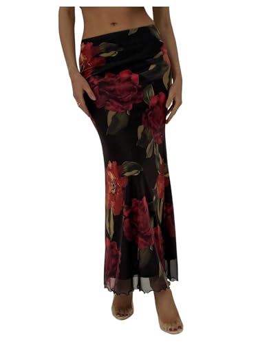 Milumia Women's Floral Ruched Mesh Maxi Skirt Elegant Lettuce Trim Fishtail Long Skirts