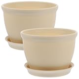 GARIOUANS 2 Sets Beige Plastic Flower Pots with Saucer, Thickened Round Succulent and Orchid Planters for Indoor Balcony Gardening, Home Use
