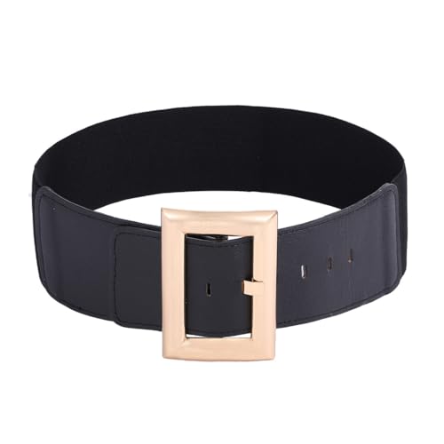 Women’s Wide Elastic Waist Belt for Dresses Gold Buckle Ladies Belt Black Leather Stretch Belt Fashion Waistband