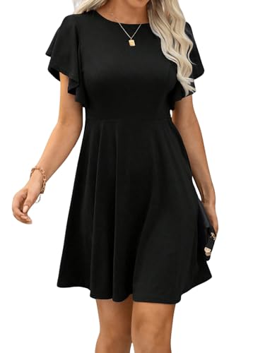 GORGLITTER Womens Ruffle Swing Flared Mini Dress Round Neck Cap Sleeve Plain Casual Short Dress Black Large