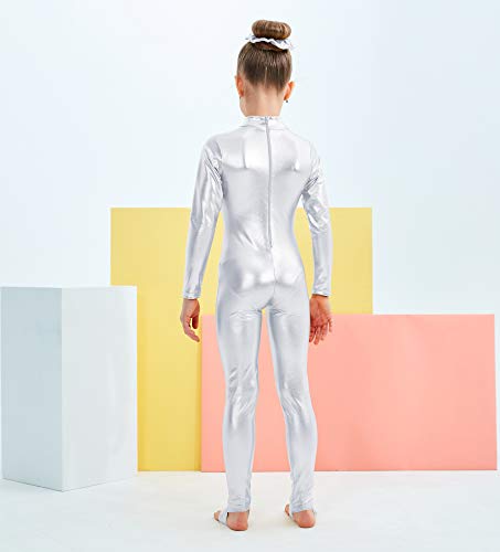Kepblom Girls Shiny Metallic Mock Neck Unitard Long Sleeve Zipper Back One Piece Bodysuit Costume #TOP3