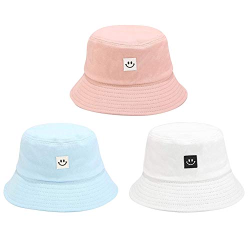 3 Piezas Verano Sombrero de Cubo Sombreros de Playa de Pescador Unisex - Sonriente Impresión Pescador Plegable Sombreros Sonrisa Cara Hip Hop Sombrero de Sol de Playa (Azul Claro+Rosa+Blanco, 3)