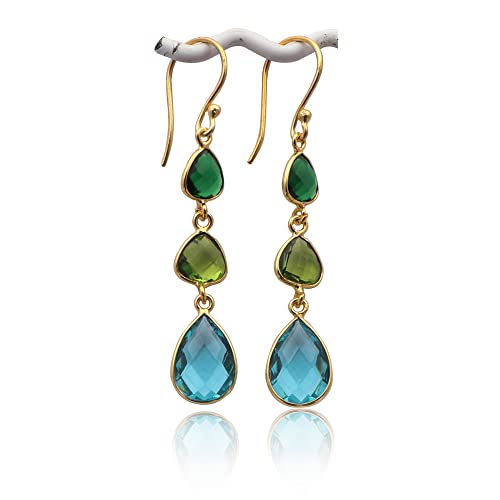 The Gemstone Jewelry Emerald Quartz, Peridot & Blue Topaz Three Stone Hook Earring | Brass Metal Gold Plated Handmade Dangle & Drop Jewelry | Gemstone Earring For | 1759)208F, Green & Blue, 5.5 Cm #TOP28