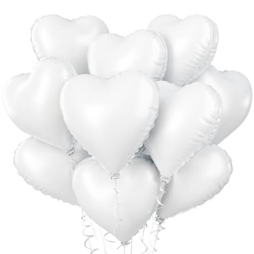 Image of Biapian White Heart Balloons Helium, 10PCS White Foil Heart Shape Balloons Valentines 18inch Metallic White Foil Balloon for Helium Valentine Decorations for White Wedding, Brithday Party, Anniversary