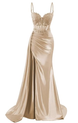Spaghetti Strap Satin Prom Dresses Long Mermaid Lace Formal Gowns Corset Evening Party Dresses with Slit4