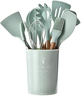 Silicone Kitchen Utensil Set 11 Piece Heat Resistant Cooking Tools with Wooden Handles for Non Stick Cookware (Aqua Green)