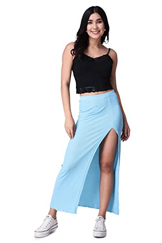 Image of POPWINGS Casual Solid Self Design Rib Long Slit Skirt for Women - Stylish Summer Skirt