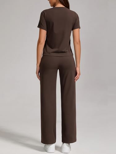 ZFLM Women Casual Loungewaer 2 Piece Outfits Short Sleeved Wide Leg High Waisted Pants with Pockets Tracksuit Sets Streetwear3