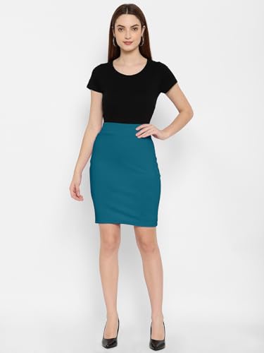 Image of Mehrang Formal Pencil Skirt, Women's Stretchable Pencil Midi Skirt, Cotton Blend Stretchable Knee Length Pencil Skirt with Elasticated Waist Belt