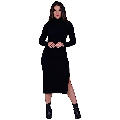 Vestido Manga Longa Gola Alta Inverno Midi Patrícia (BR, Alfa, GG, Regular, Regular, PRETO)