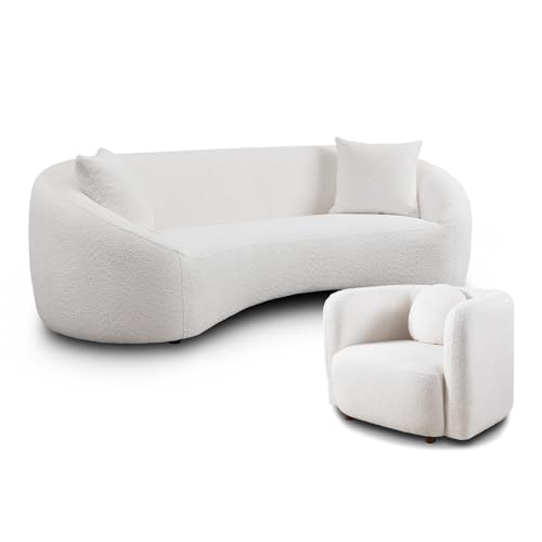 Image of Modern Sofa Set of 2 Piece Couch Set Upholstered Boucle Fabric 3-Seat Minimalist Curved Sofa and Oversized Sofas Chair Solid Wood Frame Tight Curved Back Cloud Couch and Chair Set for Living Room Home