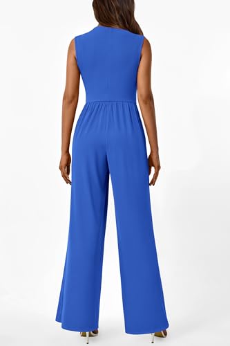 Image of PRETTYGARDEN Women's Summer Dressy Casual Jumpsuits | Cozy Ribbed Fabric, Sleeveless Mock Neck, Back Zipper, Pockets, Wide Leg Pants Rompers, Fashion Clothing, One Piece Outfits