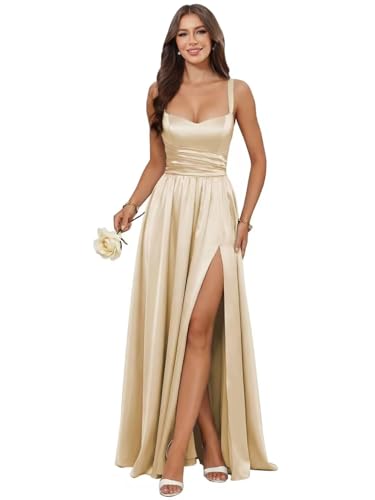 WJHXYB Champagne Satin Prom Dresses for Women Floral Jacquard Long Bridesmaid Dresses with Slit Size 8