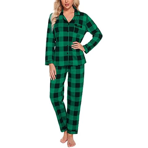 SWOMOG Womens's Pyjamas Set Christmas Plaid Pyjamas Long Sleeve Sleepwear Button Down Nightwear Soft Pj Checked Lounge Sets Cover