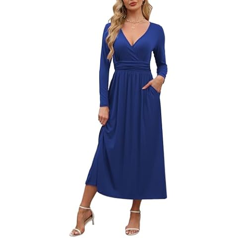 ANRILITA Long Sleeve Dress for Women 2025 Fall Winter Casual Elegant Wrap V Neck Empire Waist Maxi Dresses with Pockets Cover
