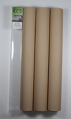 Image of KCS 3 pc of 15 inch x 18 inch Counted Cross Stitch Cotton Aida Cloth Needlework Rolled Fabric Box,14CT,Khaki