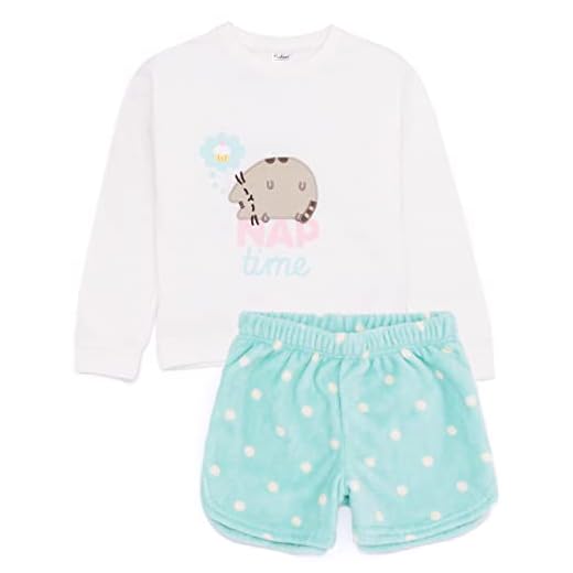 Pusheen The Cat Girls Pijamas | Camiseta de Dibujos Animados para niños Cat Nap Time con Pantalones Cortos de Lana Verde Menta Esponjoso Loungewear Pjs | Mercancía Regalo para Ella