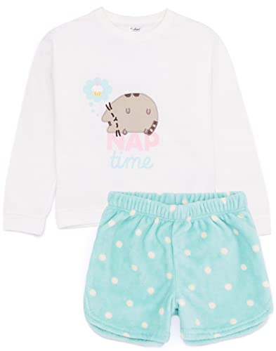 Pusheen Girls Pajama Set | Kids White & Green Loungewear T-Shirt & Pants Complete PJs Cat Nap Time Tee with Fleece Shorts