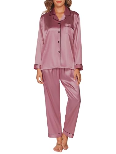 GAESHOW Conjunto de Pijama de Seda de Satén para Mujer, Conjunto de Manga Larga con Botones, Ropa de Dormir, Ropa de Descanso, Conjuntos de Dos Piezas, S-XXL(L)