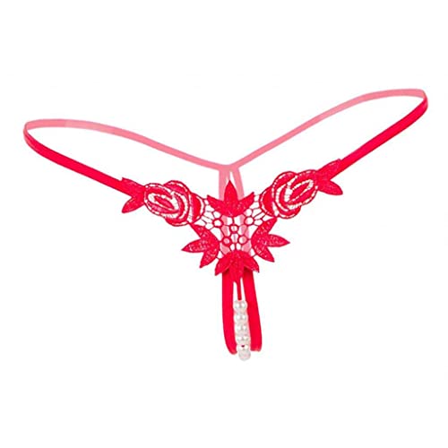 P Prettyia Culotte string strings en dentelle avec perles et fleurs - Pour femme - Rouge - taille unique