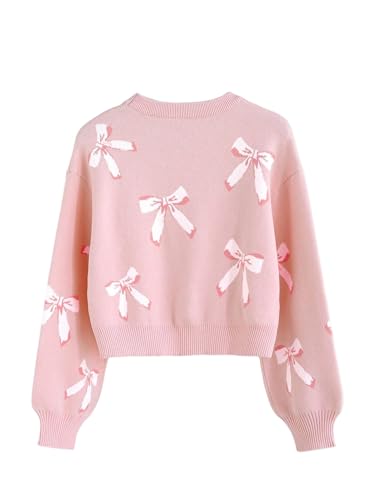WDIRARA Girl's Cute Bow Sweater Crew Neck Long Sleeve Pullover Knit Tops2