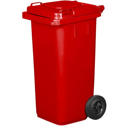 IMJ-Global - Cubo de Basura Alto Grande 120 Litros PN-EN 840 con Ruedas y Sistema de Enganche Mecánico de Recogida, Cubos de Basura de Reciclaje Contenedor Basurero en Plástico (Rojo)