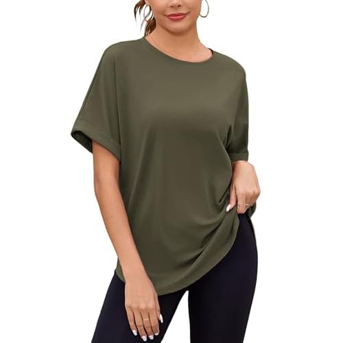 Totatuit Women Oversized Tshirts Casual Crew Neck Rolled Short Sleeve Basic Tee Shirts Cute Loose Summer Tops Workout Clothes Gray Small