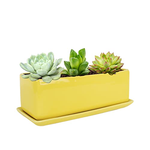 Pot de fleurs rectangulaire minimaliste en céramique jaune premium - 2