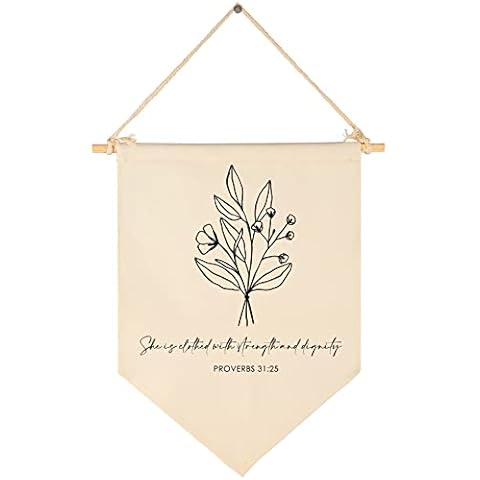 FYSIA Botanical Wall Art - Canvas Pennant Flag Banner - Proverbs 31:25 - Wall Decor for Nursery, Bedroom, Playroom - Lightweight, Unframed, Indoor Cover