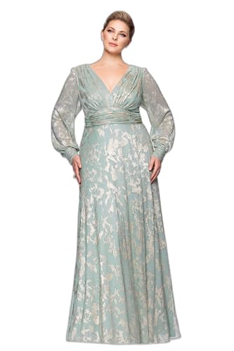 Image of Betsy & Adam Women's Floor-Length, Long-Sleeve, Metallic Floral Pattern, with Ruched Waist and Flowy Silhouette, Sage /Gold, 22W