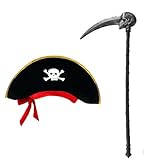 2 PACK Cosplay scythe sickle weapon grim reaper skeleton prop, Pirate Hat Skull Captain Costume, halloween costume accessory