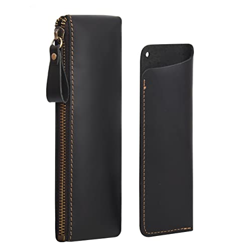 WONDERPOOL Leder 1pc Federmäppchen und 1pc Füllfederhalter Halter - Tragbarer Kompakter Zeichenstift Schreibwarenbeutel für Schule Büro Reise Organisator(Schwarz) Cover