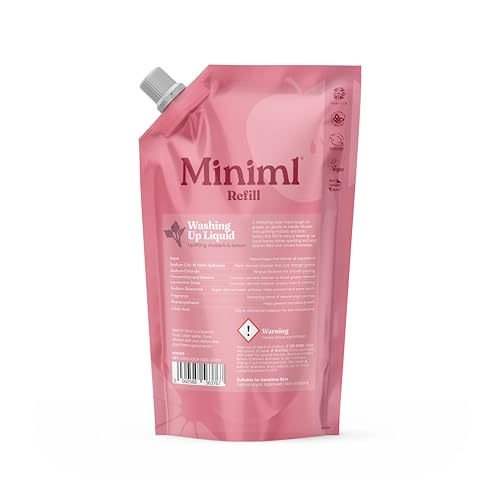 Miniml Eco Washing Up Liquid 1L Refill Rhubarb & Lemon Skin Sensitive Friendly Dish Wash Cleaner Plant Based Vegan Cruelty Free Natural Cleaning Products (100 Washes)
