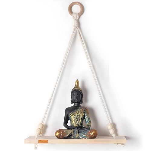Image of Boho Wooden Hanging Shelf with Beads & Macrame Rope, Adhesive Wall Hook| Rustic Swing Wall Art for Plants, Living Room, Bedroom | Pine Wood, Handcrafted