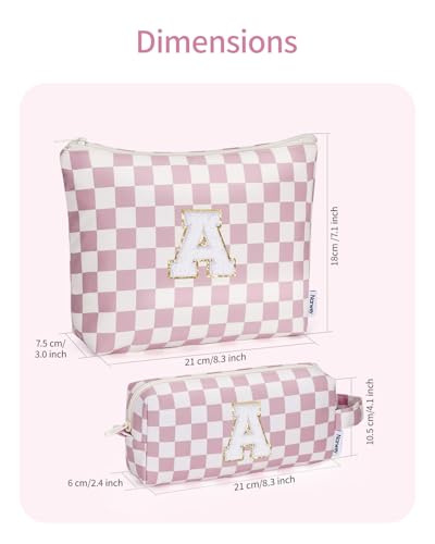 Narwey Checkered 2 Piece Personalized Initial Makeup Bag Cosmetic Bags, 6 8 10 11 12 13 14 16 18 Years Old Birthday Gifts for Women Teen Girl Gifts Trendy Stuff, Travel Toiletry Bag (Pink Letter A)2