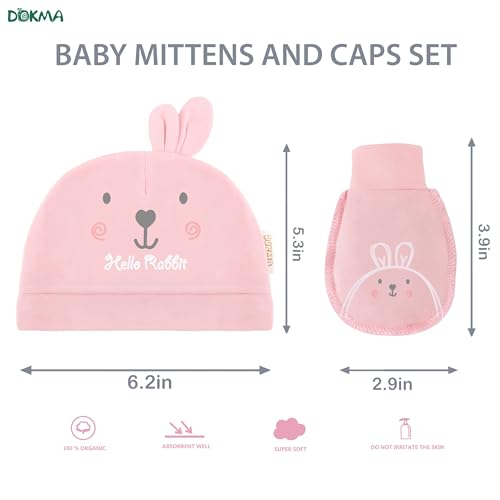 DOKMA Organic Cotton Baby Mittens and Caps Set with Adorable Bunny Design for Newborn 0-6 Months, No Scratch, Ultra Soft, Lovely Pink2