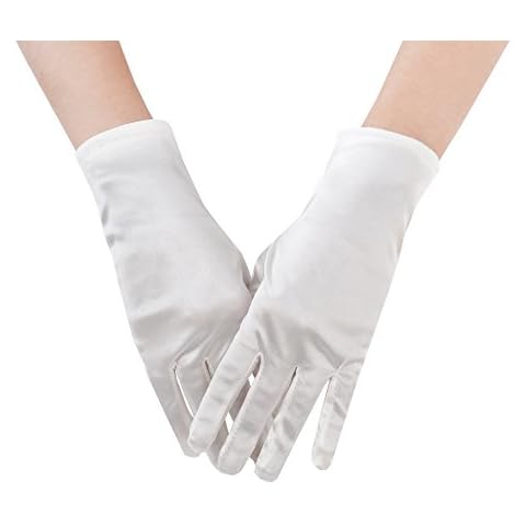 JISEN Women 20s Satin gloves Formal Bridal Banquet Party Wedding Opera Colorful Mitten 9 Inch White Cover