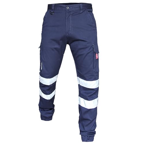BIG BEE Elite Cargo Pants, Work Jogger Elastic Ankle Cuff Stretch Cotton Navy Reflective 34