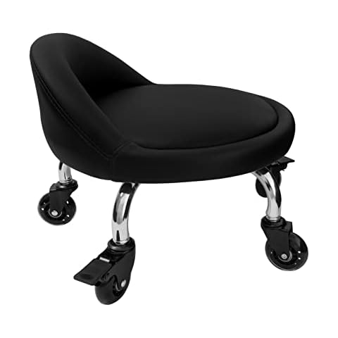 IMMER LIEBEN Rolling Stool with Backrest Low Height Roller Stool with Universal Swivel Caster Wheels for Home Office, Adult, Kids Chair, Garage, Library PU Leather Black Cover