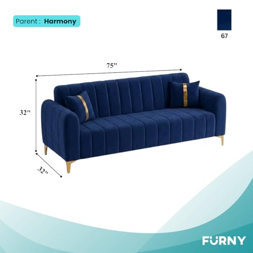 Image of FURNY Harmony 3 Seater Fabric Sofa Set & Golden Legs (Dark Blue) with Velvet Finish | Durable Comfort | Ideal for Living Room