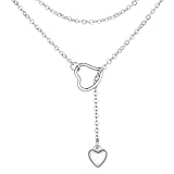 FOCALOOK Long Silver Necklaces for Women, Y Shaped Pendant Necklace, Stainless Steel Drop Heart Chain, Hypoallergenic Minimalist Jewellery Gift for Her